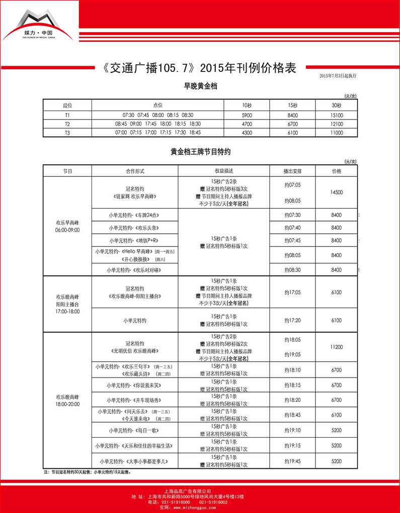 上海交通广播(FM105.7)2015最新刊例价格表