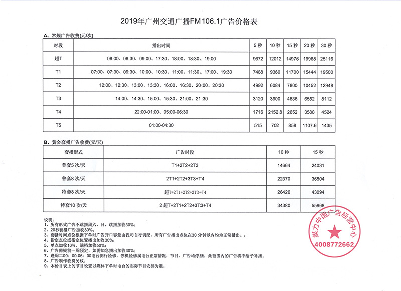 2019年广州交通广播FM106.1广告价格表