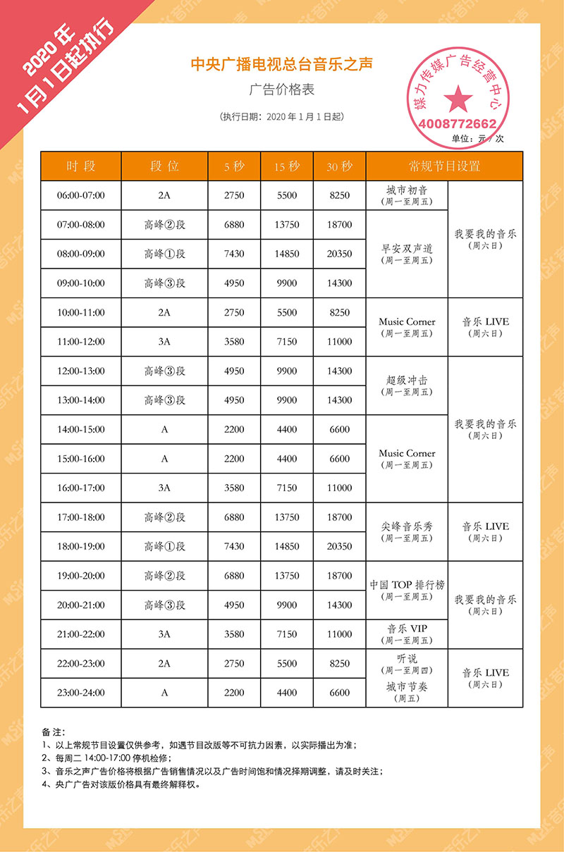 央广音乐之声2020年广告价格表