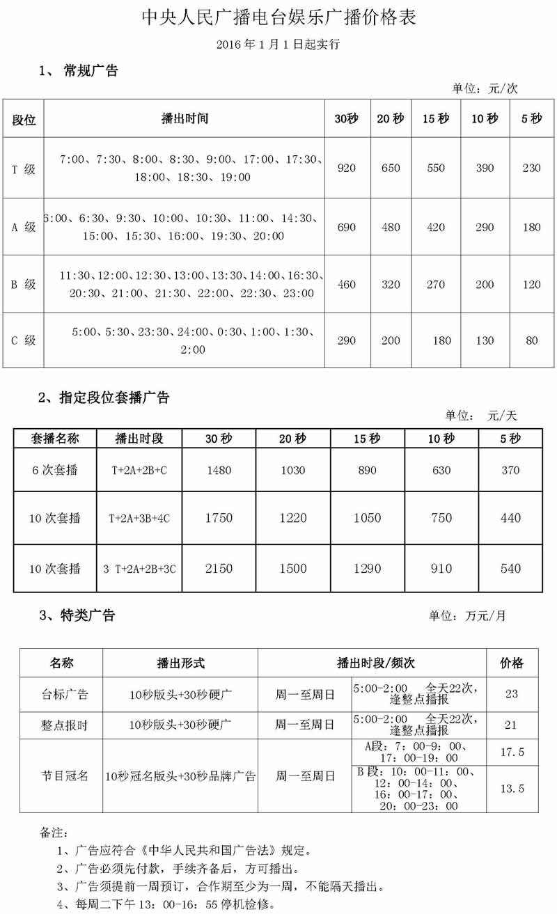 中央电台娱乐广播（AM747）2016年广告价格