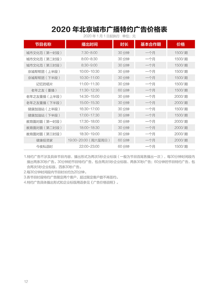 北京城市广播2020年广告刊例