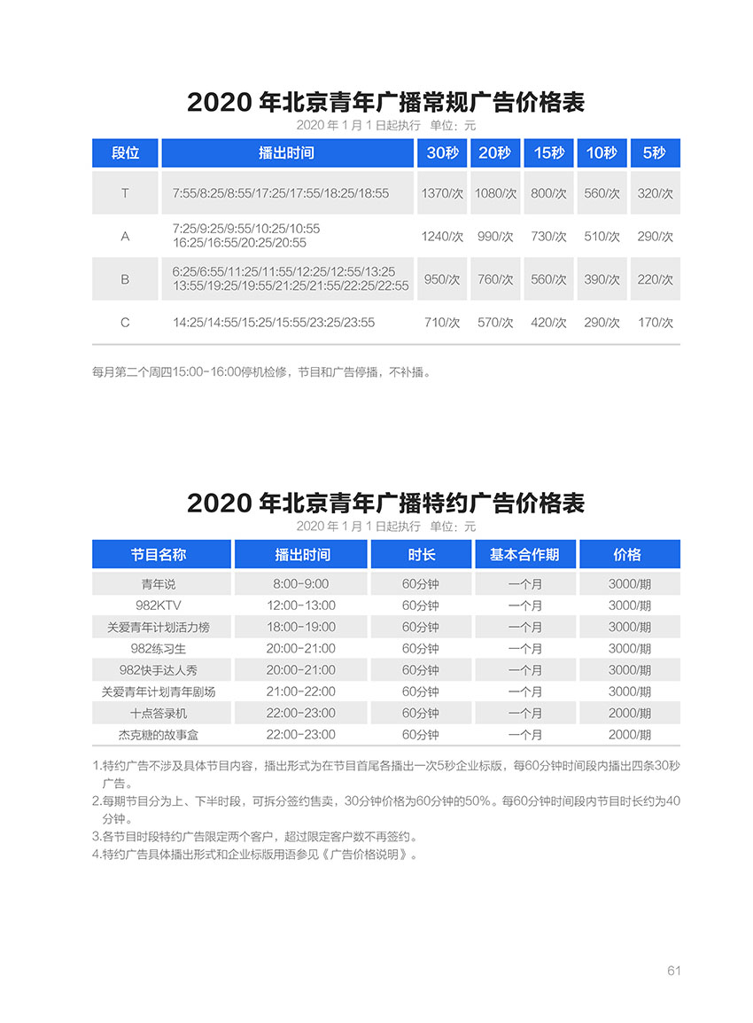 北京青年广播2020年广告价格表