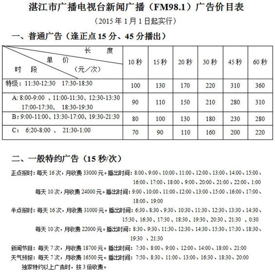 湛江电台新闻广播2016年广告价格