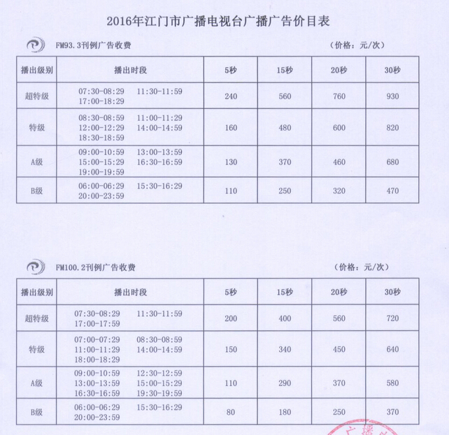 2016年江门新闻综合广播广告刊例