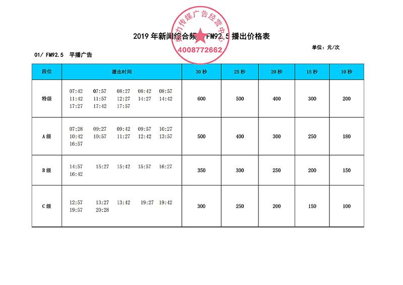 2019年龙岩新闻综合广播广告投放价格表