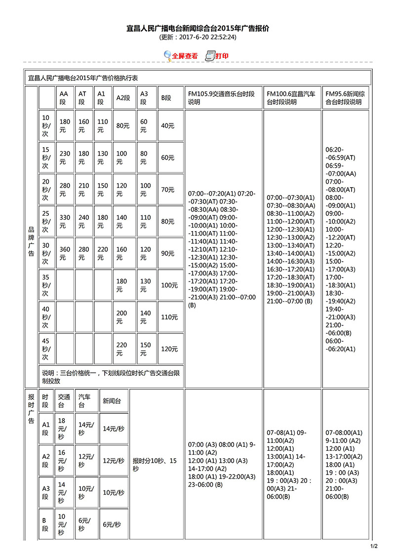 宜昌人民广播电台新闻综合台2015年广告报价