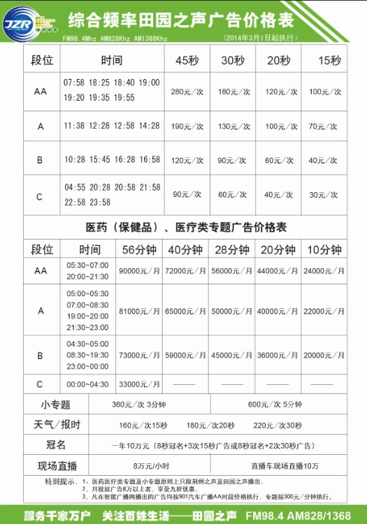 荆州人民广播电台综合频率田园之声广告价格