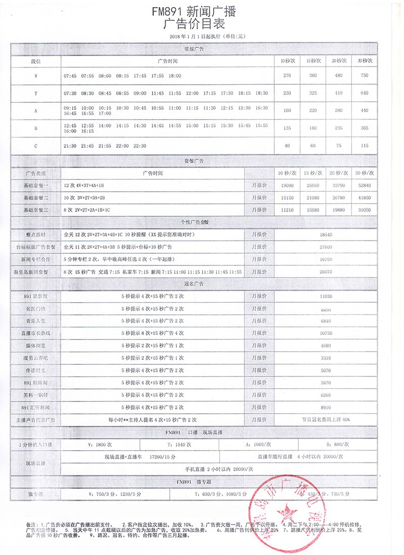 FM981秦皇岛新闻广播2019年广告价目表