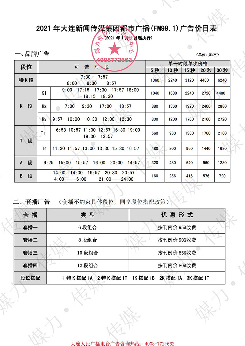 2021年大连电台都市广播（FM99.1）广告费用