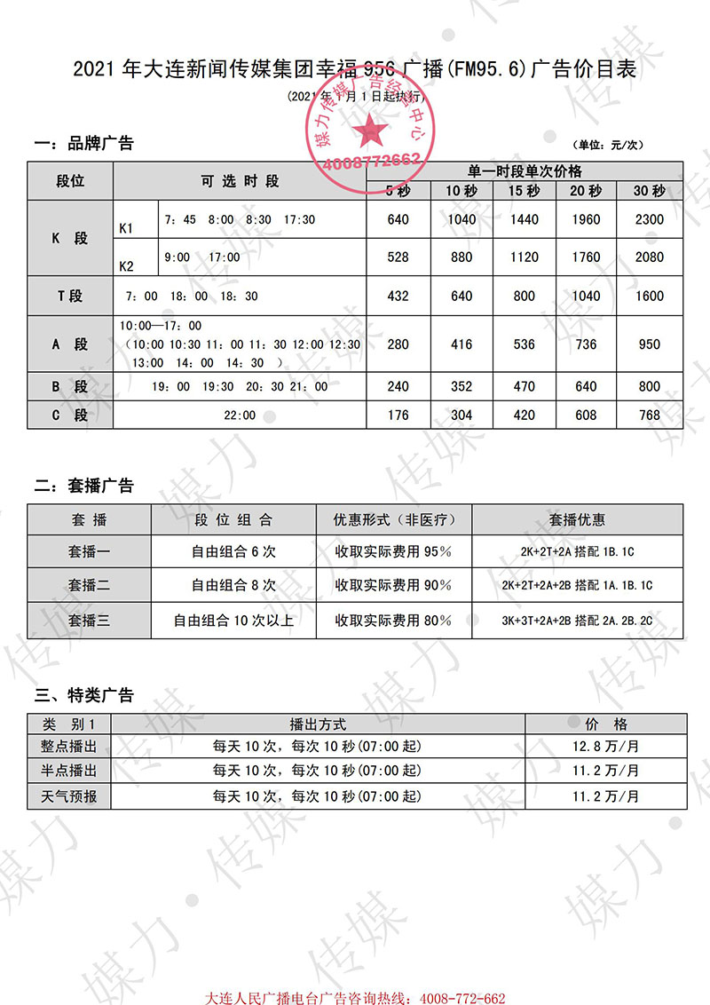 2021年大连电台新城乡广播（FM95.6）广告价格