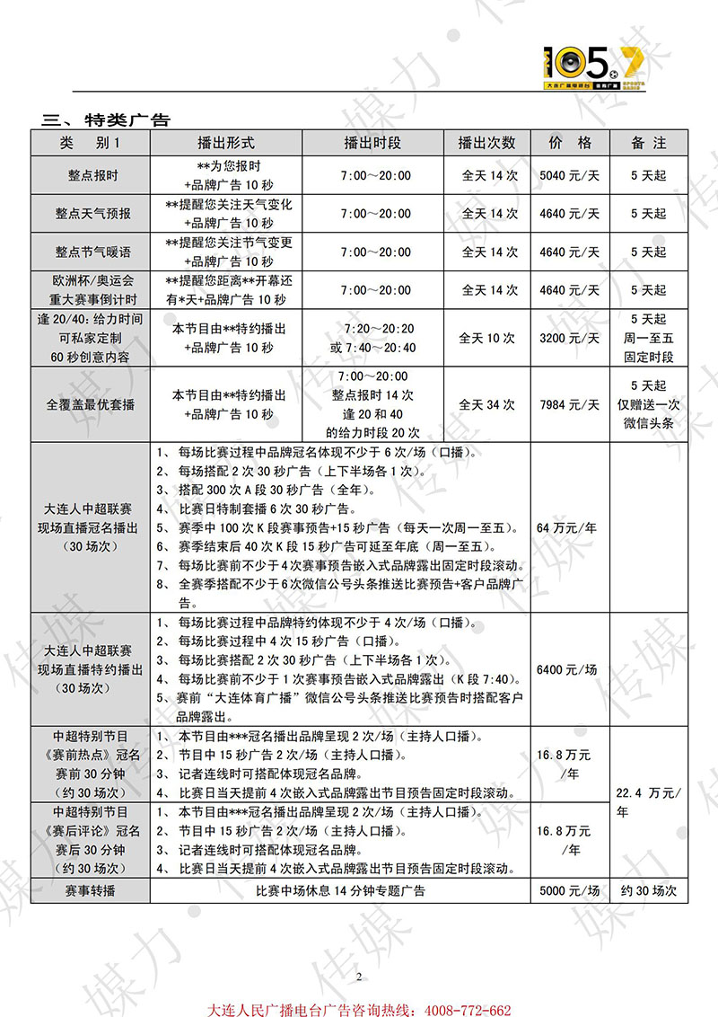 2021年大连人民广播电台体育广播（FM105.7）广告报价