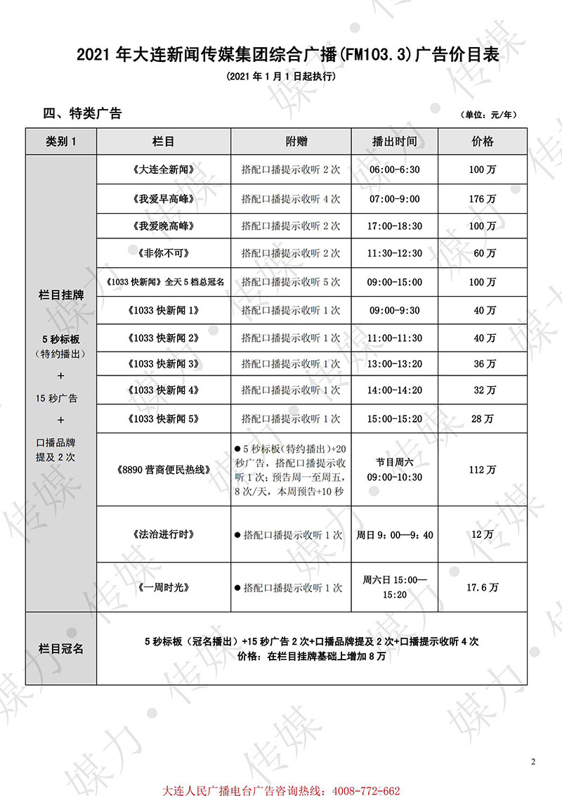 2021年大连新闻广播（FM103.3）广告价格