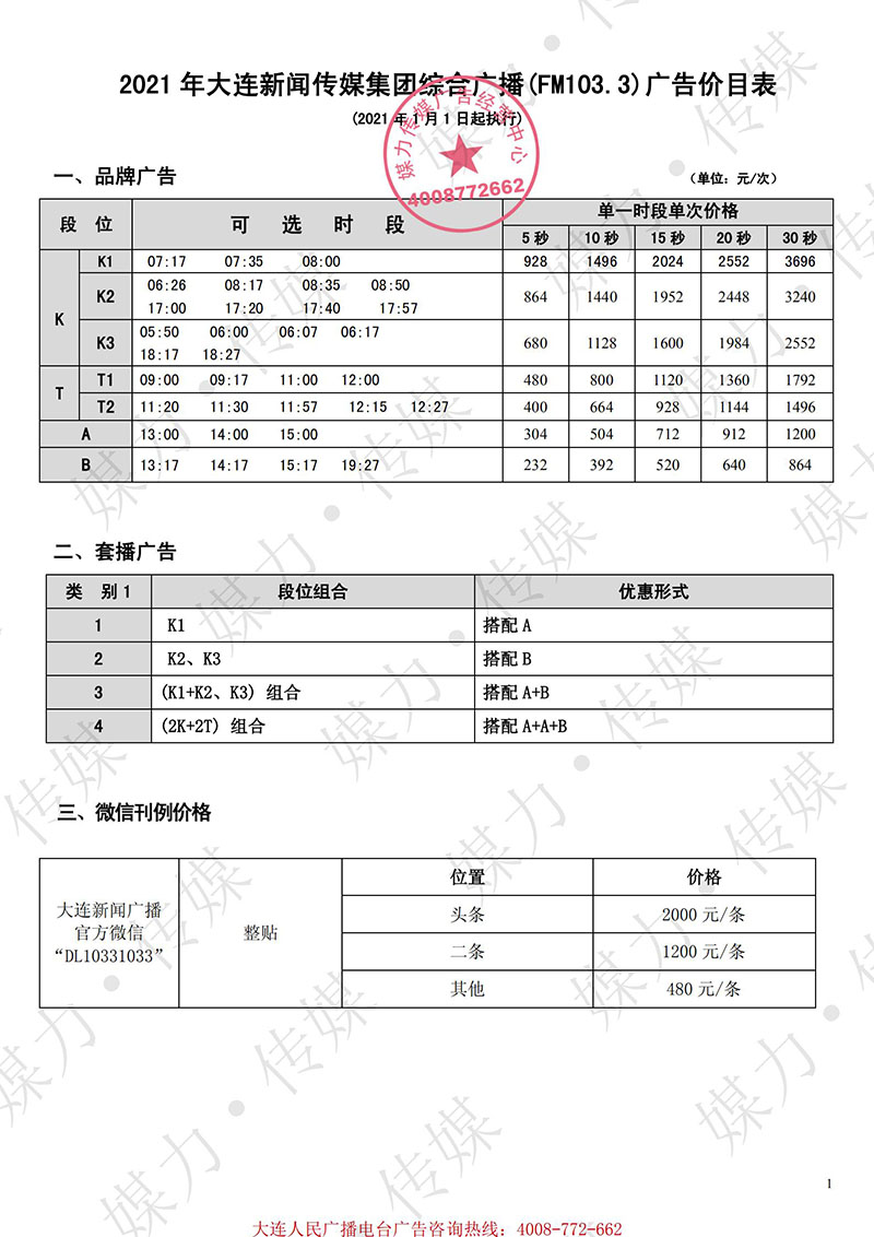 2021年大连新闻广播（FM103.3）广告价格