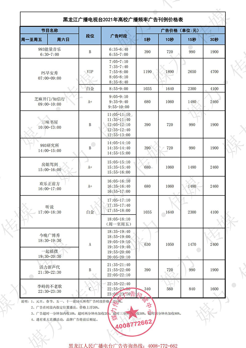 2021年黑龙江电台高校广播（FM99.3）广告费用