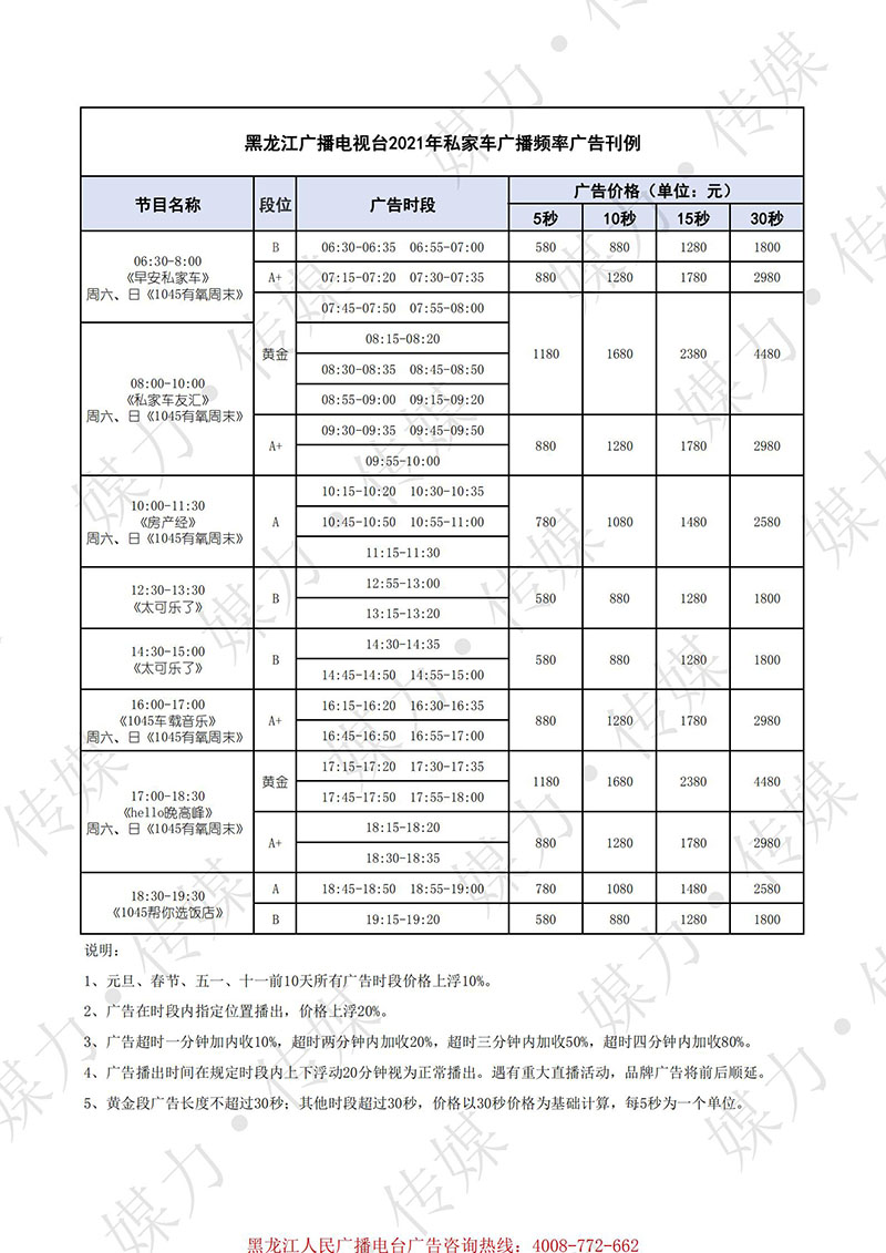 2021年黑龙江电台私家车广播（FM104.5）刊例