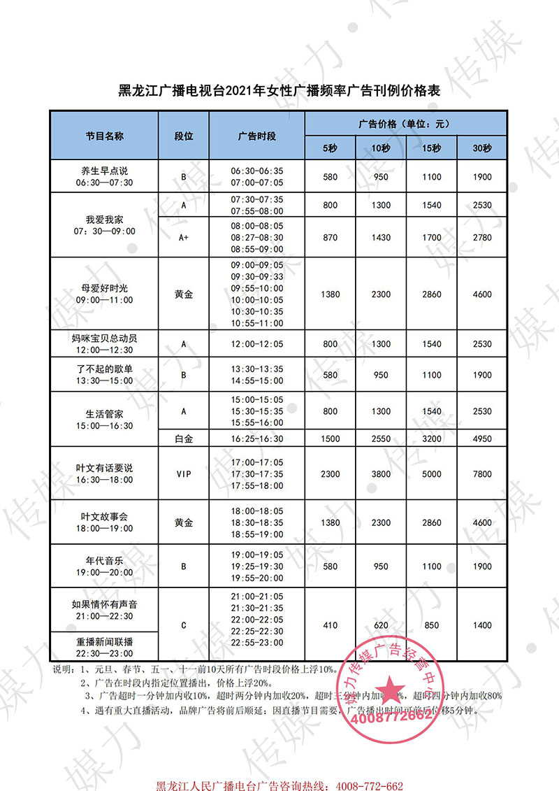 2021年黑龙江都市女性广播（FM102.1）广告刊例