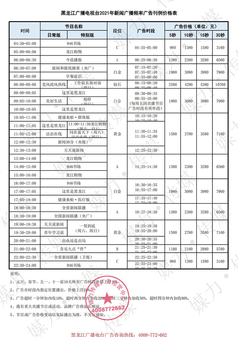 2021年黑龙江广播(龙广电台)新闻广播广告费用