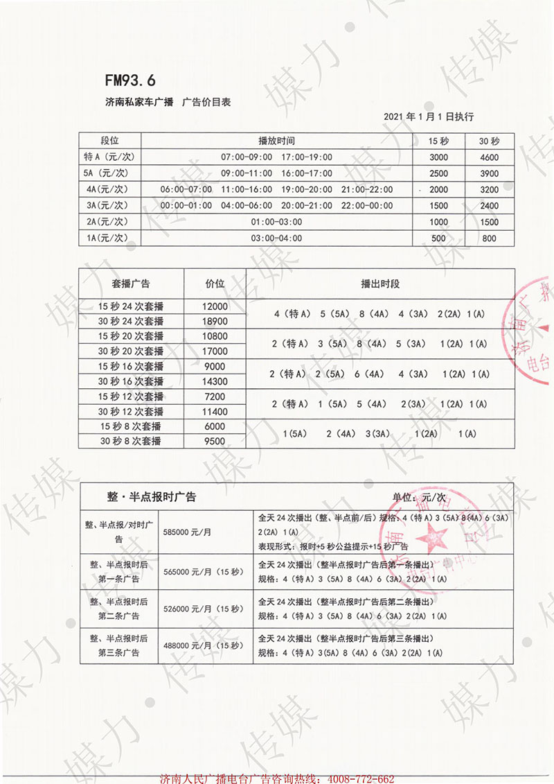 2021年济南人民广播电台私家车广播FM93.6广告刊例