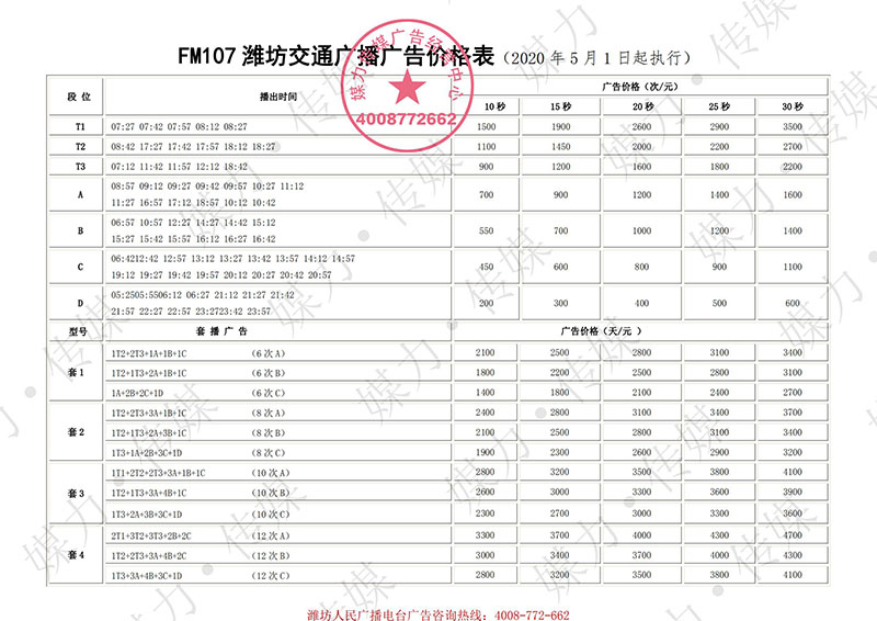 2021年潍坊广播电台FM107交通广播广告价格