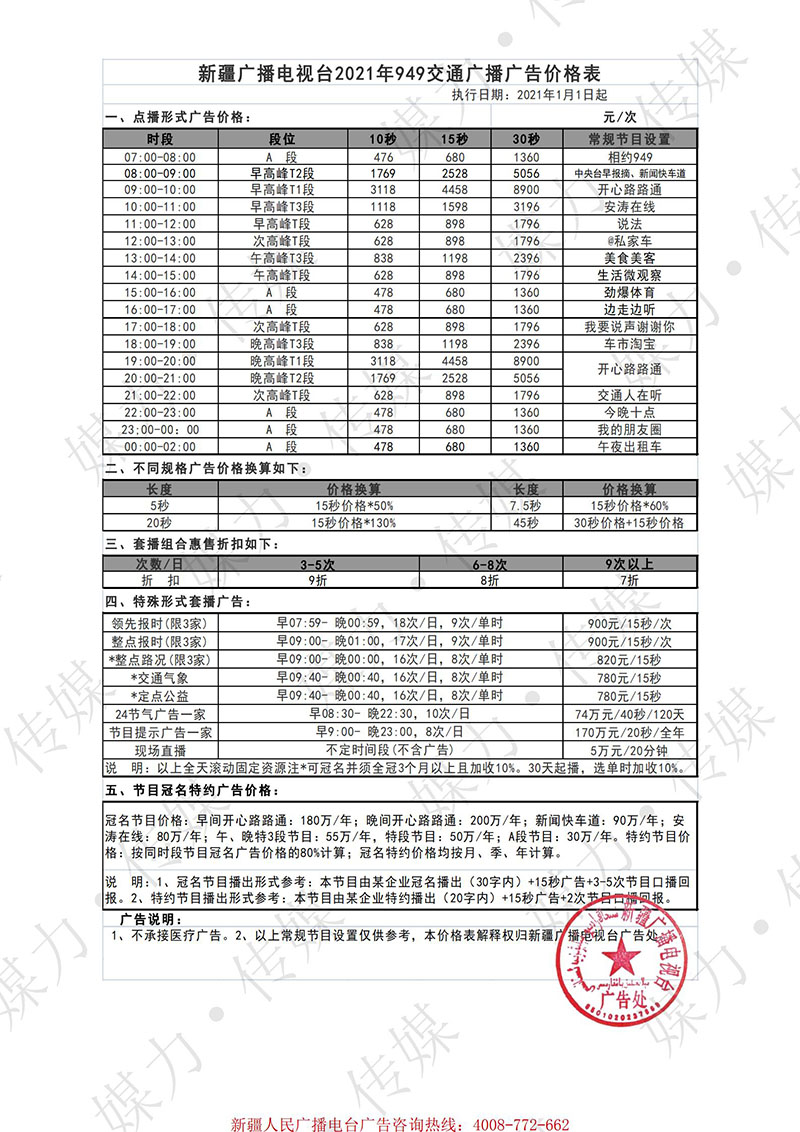 2021年新疆交通广播（FM949）广告价格