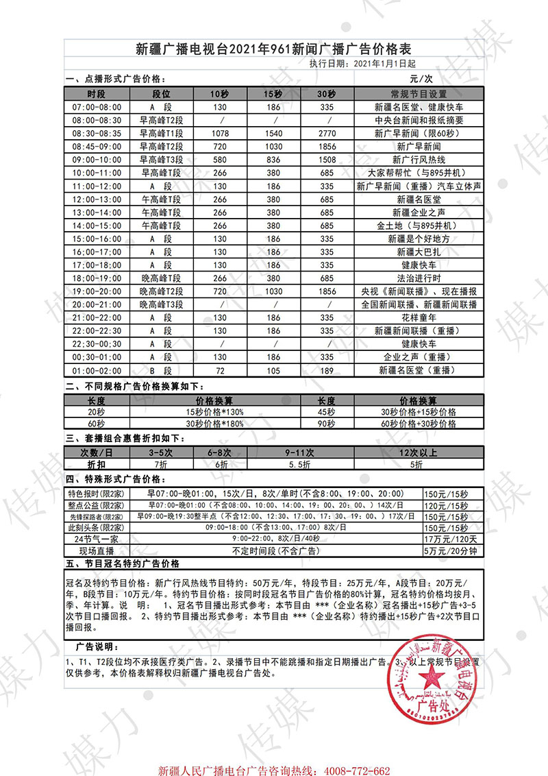 2021年新疆新闻广播（FM961）广告报价