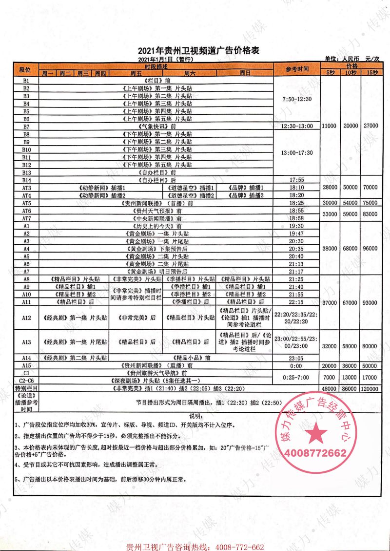 2021年贵州卫视广告费用