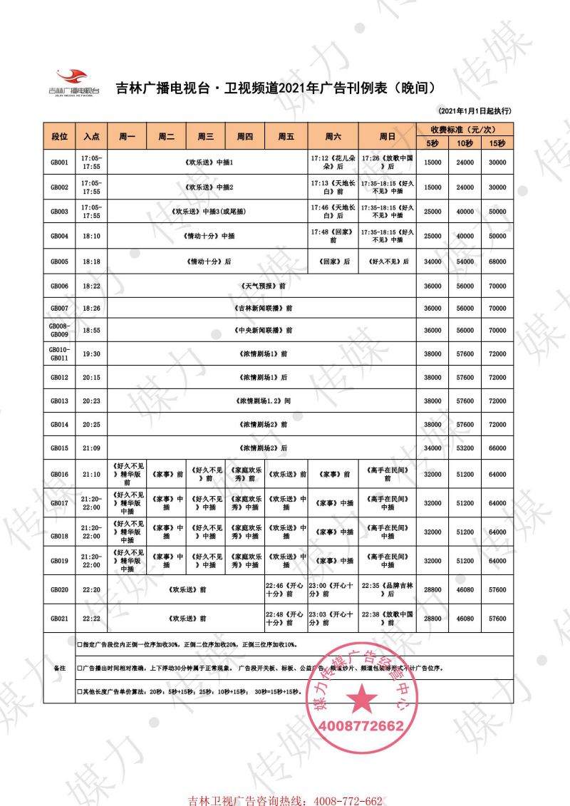 2021年吉林卫视广告费用