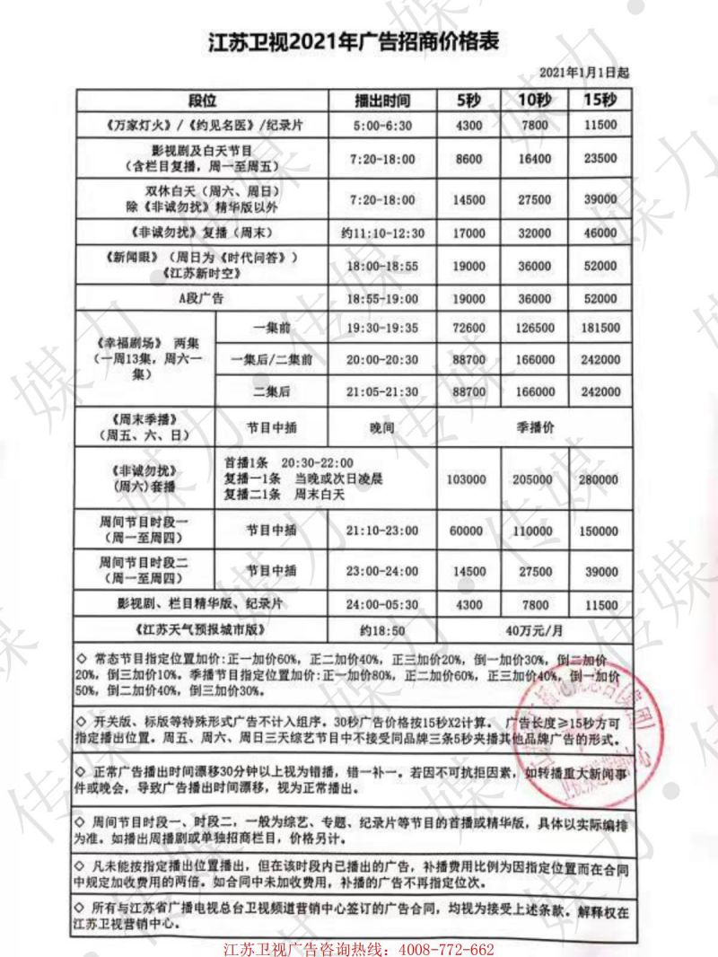 2021年江苏卫视广告刊例