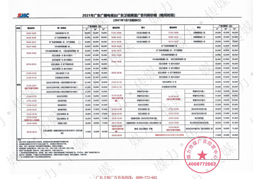 2021年广东卫视广告价格刊例表（晚间时段）