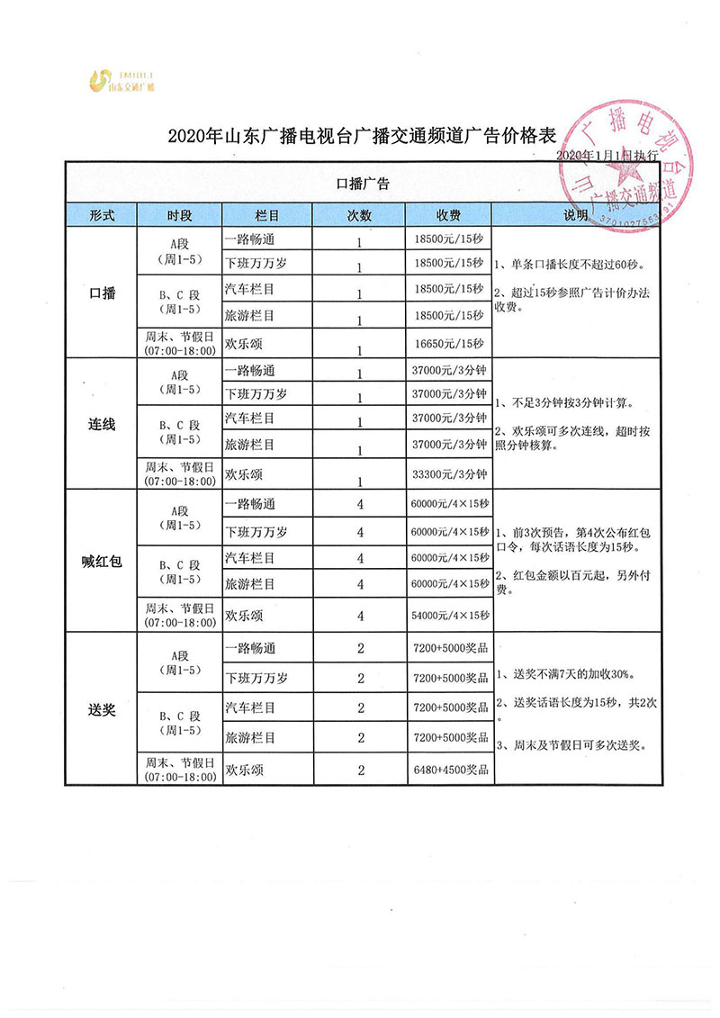 2020年山东交通广播频道广告价格表