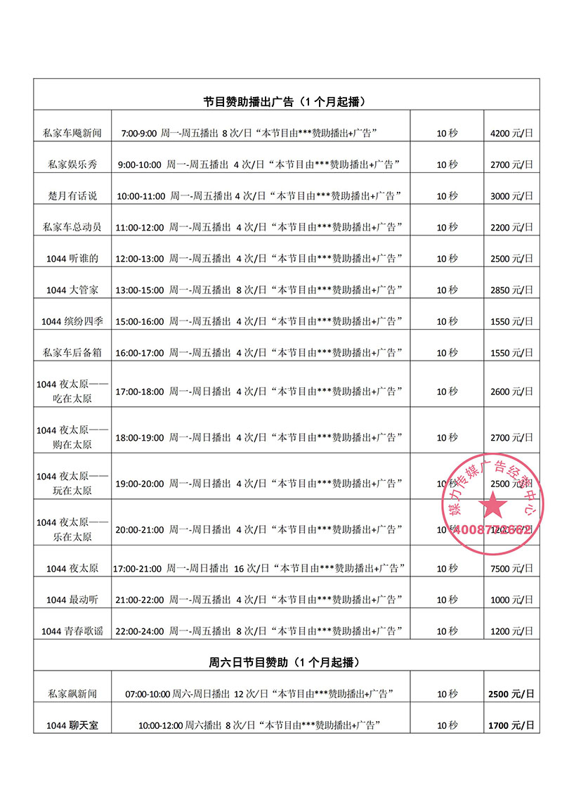 2020年FM104.4太原经济广播广告刊例价格表