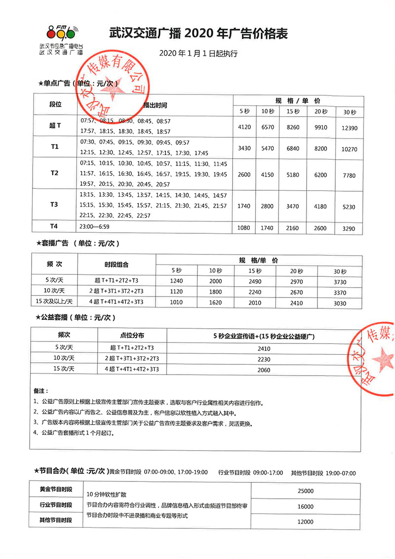 武汉交通广播2020年广告价格表