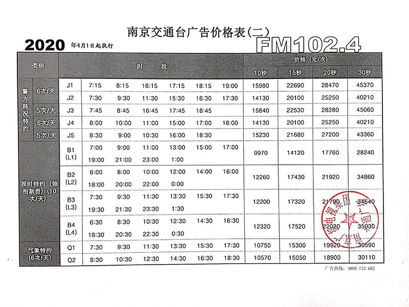 南京交通广播广告价格表（2020年4月1日起执行）