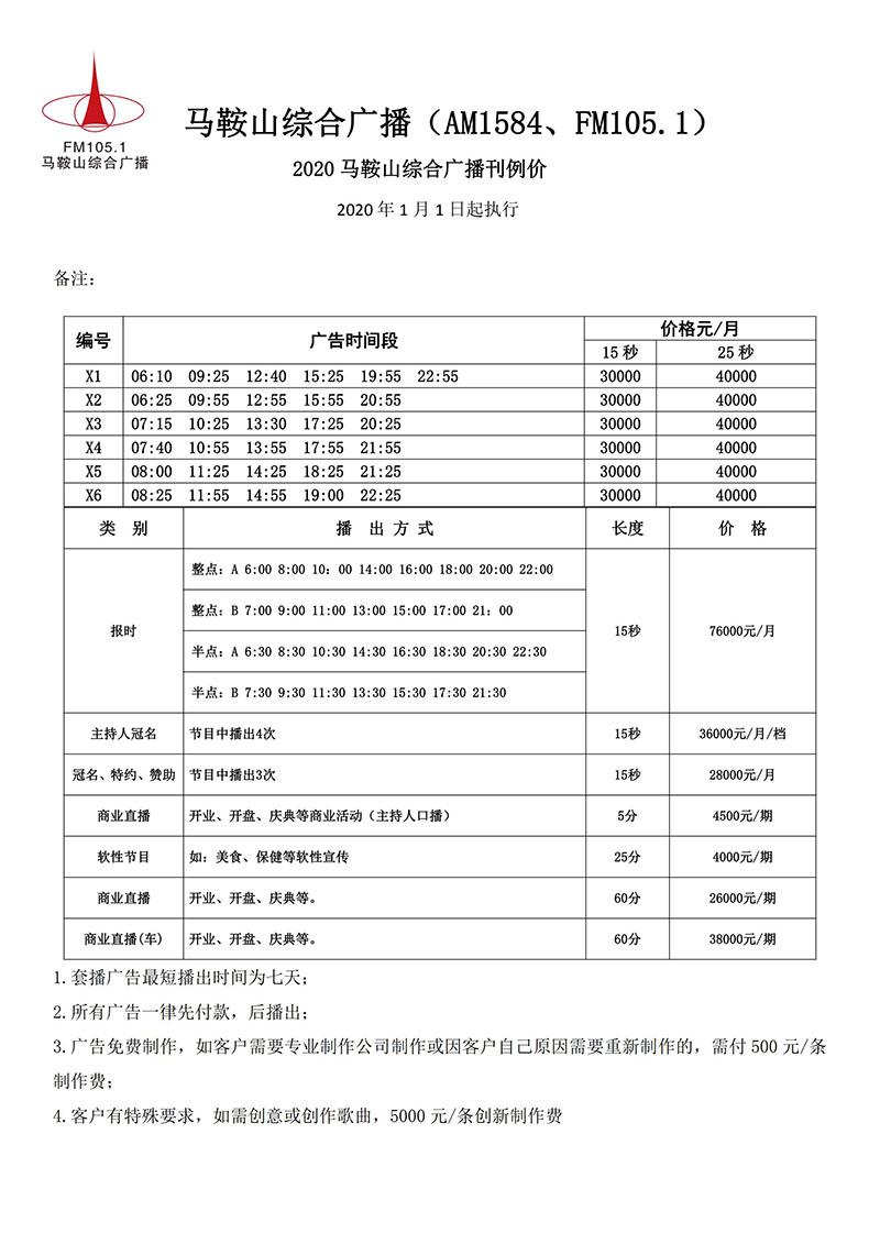 马鞍山综合广播2020年广告刊例