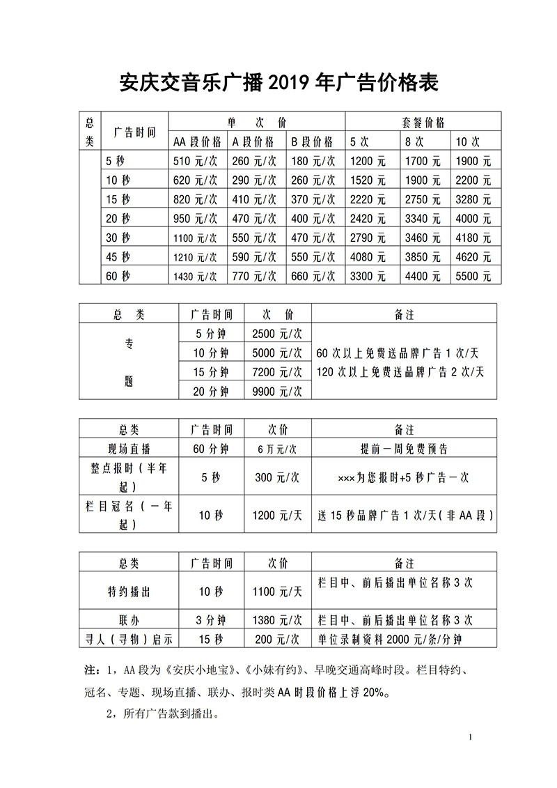 安庆交通音乐广播2019年广告价格表