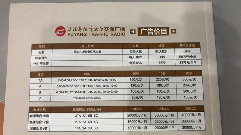 阜阳交通广播2019年冠名、套播广告价目表