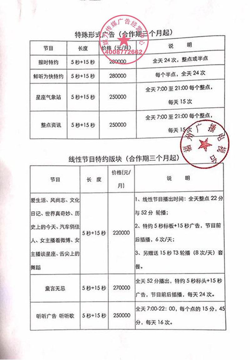 福州音乐广播2019年广告价目表（适用于建材/生活消费/金融行业）