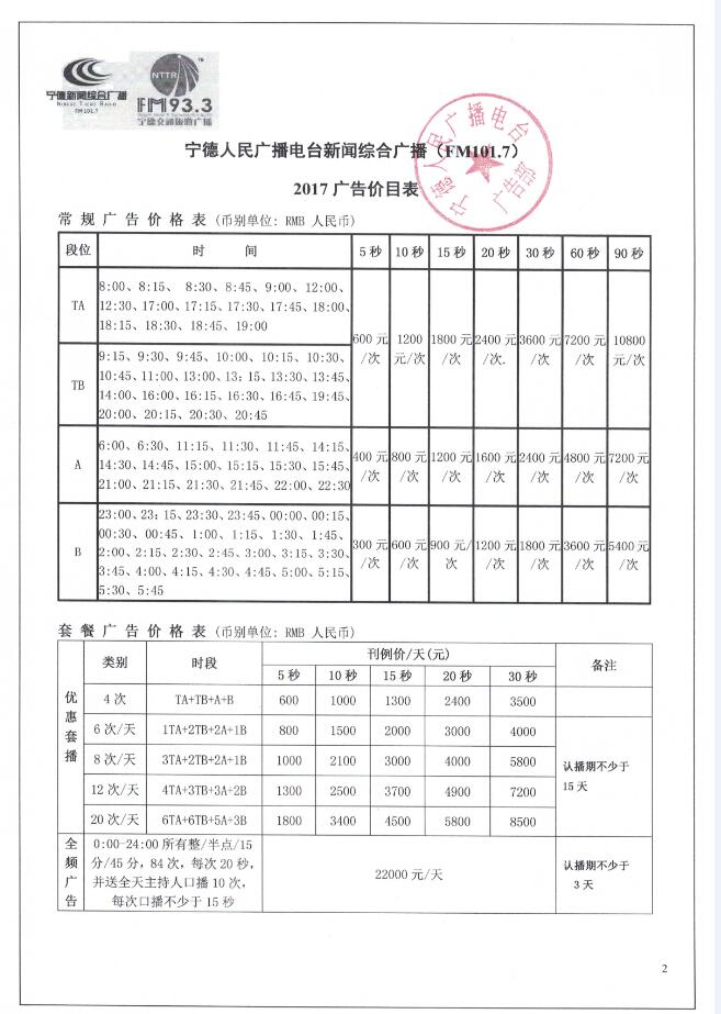 宁德人民广播电台新闻综合广播广告价目表（2017年）