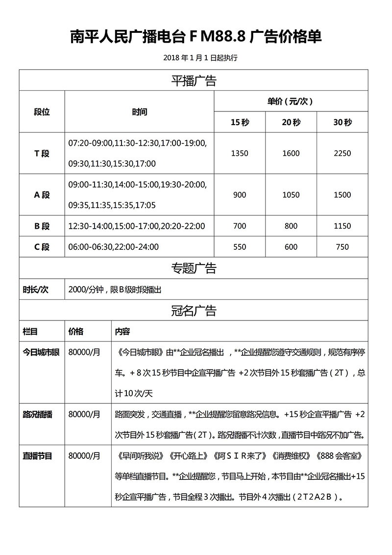 南平人民广播电台FＭ88.8广告价格单