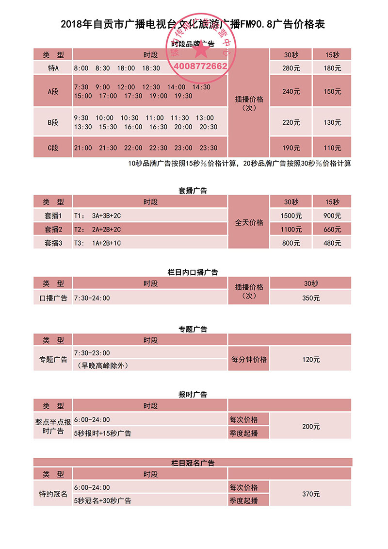 2018年自贡市广播电视台文化旅游广播FM90.8广告价格表