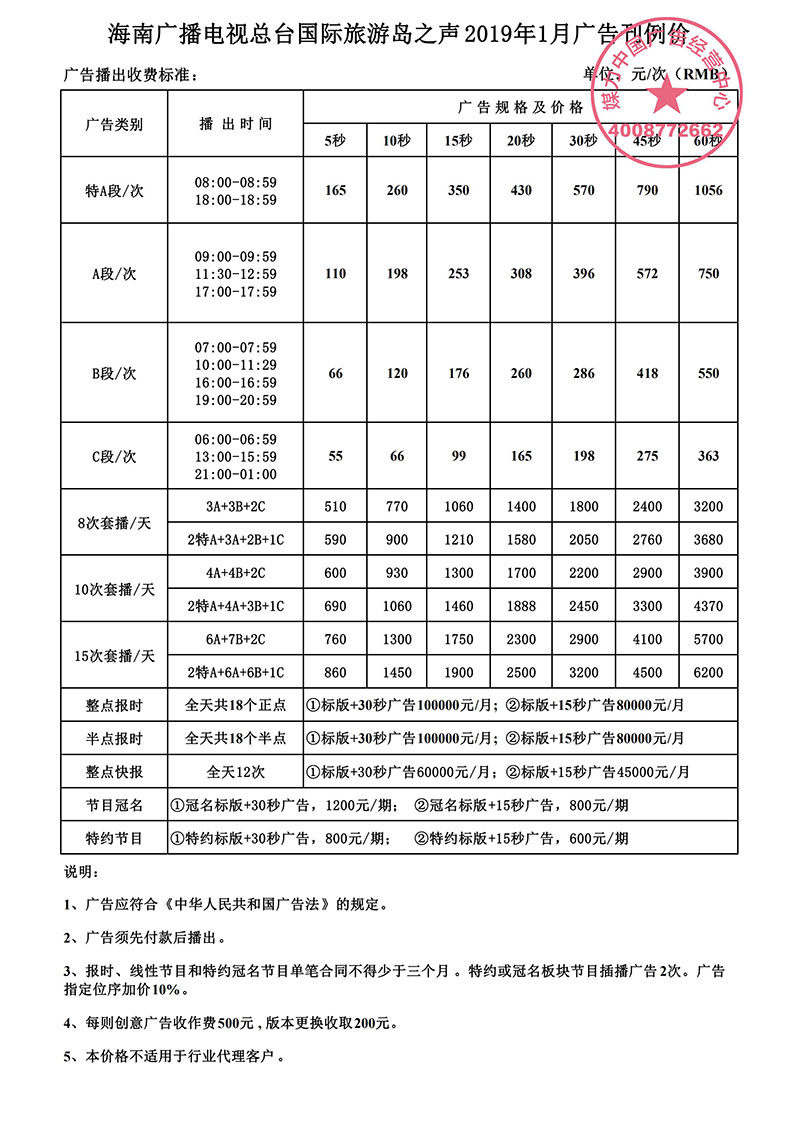 FM103.8海南国际旅游岛之声刊例