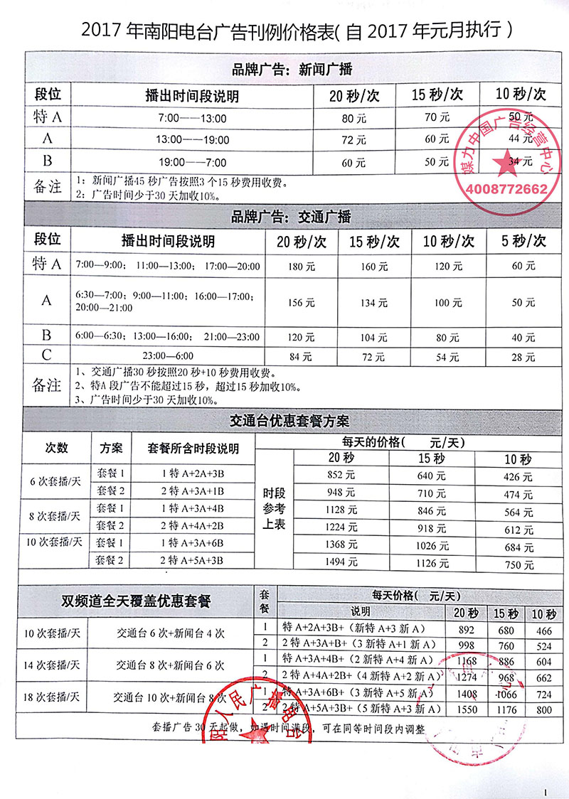 南阳广播电台广告价格