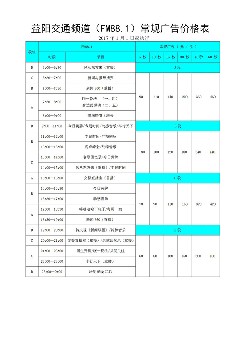 FM88.1益阳交通广播2017年常规广告价格表