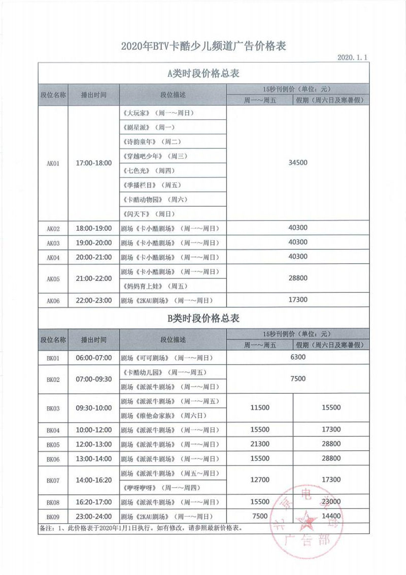 2020年北京电视台地面频道及卡酷少儿频道价格