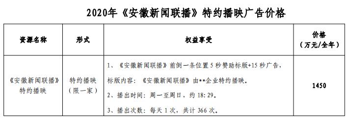 2020年《安徽新闻联播》特约播映广告价格