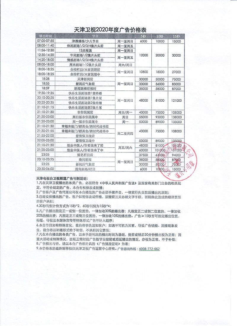 天津卫视2020年度广告价格表