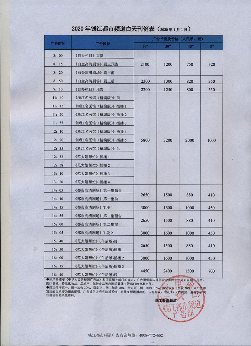 2020年浙江钱江都市频道广告价格表(白天+晚上时段)