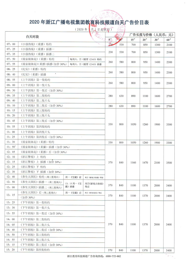 浙江电视台科学教育频道2020年白天时段广告价格