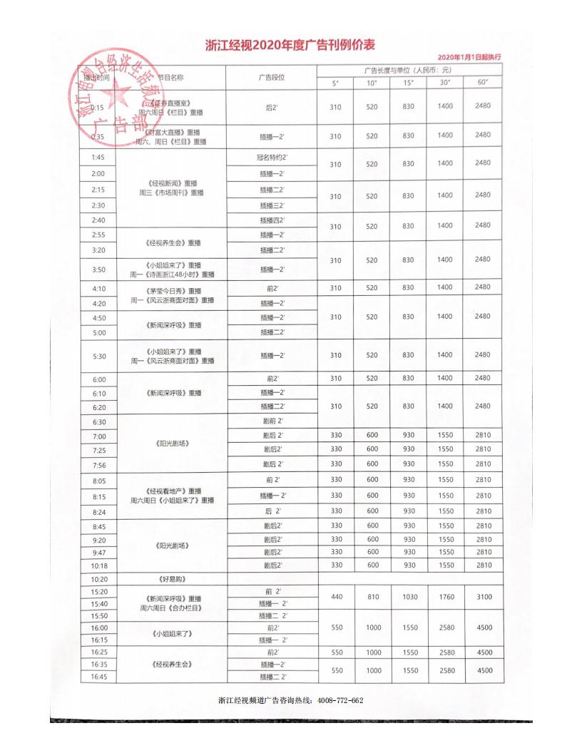 浙江经视2020年度广告刊例价格表（硬广）