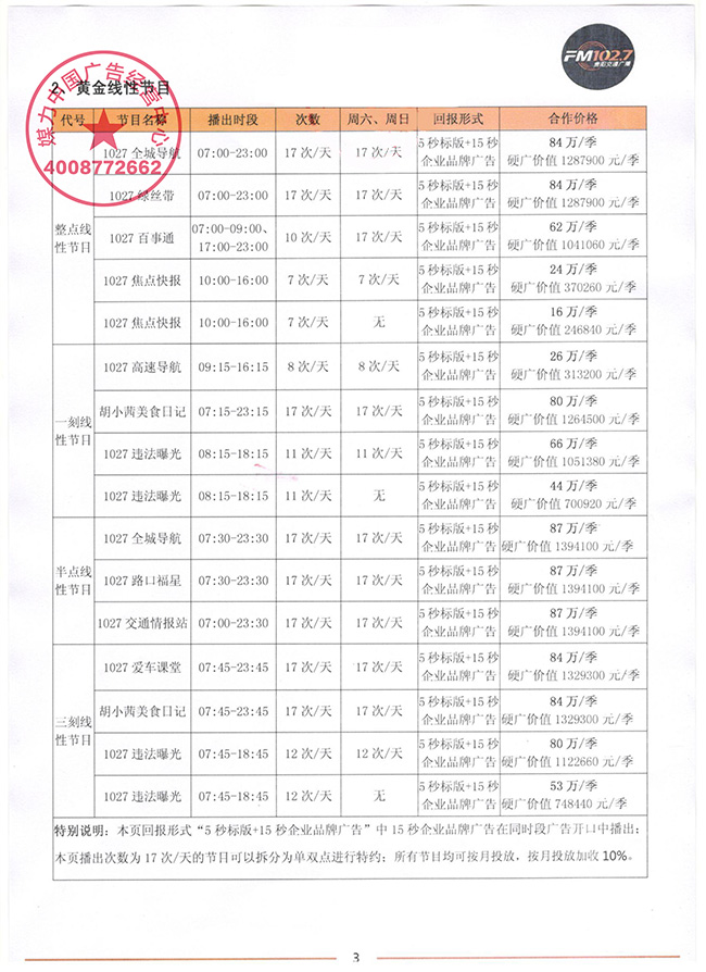 FM102.7贵阳交通广播广告价目表（2018年1月至2018年12月执行）